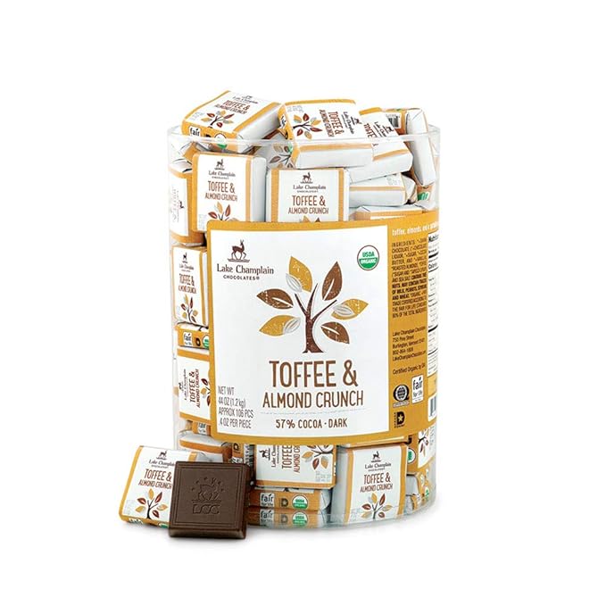LAKE CHAMPLAIN CHOCOLATES Organic Toffee Almond Crunch Dark Chocolate Square 106 Ct 0.4 OZ