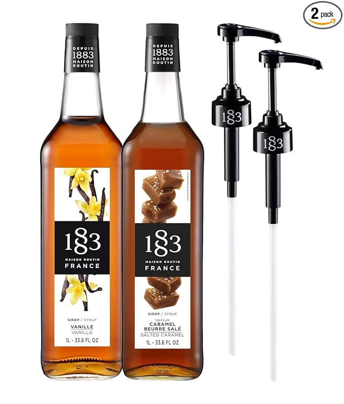 1883 Vanilla &amp Salted Caramel Syrups with Pumps (Café Variety Pack) for Coffee &amp Drinks – 1 Liter Glass Bottles (Pack of 2)