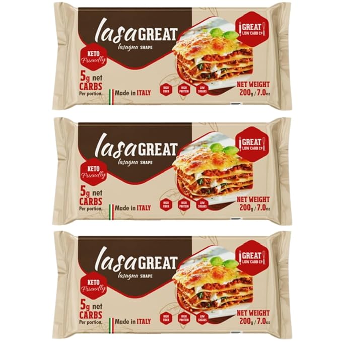 Great Low Carb Co. Keto-Friendly Italian Pasta Set 0-5g Net Carbs High Protein High Fiber Low Carb Low Calories Made in Italy (3 Pack Lasagna 7oz box)