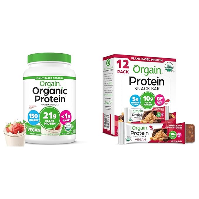 Bundle of Orgain Organic Vegan Protein Powder Strawberries &amp Cream 21g Plant Based Protein + Orgain Organic Vegan Protein Bars Peanut Butter Chocolate Chunk 10g Plant Based Protein Pack of 12