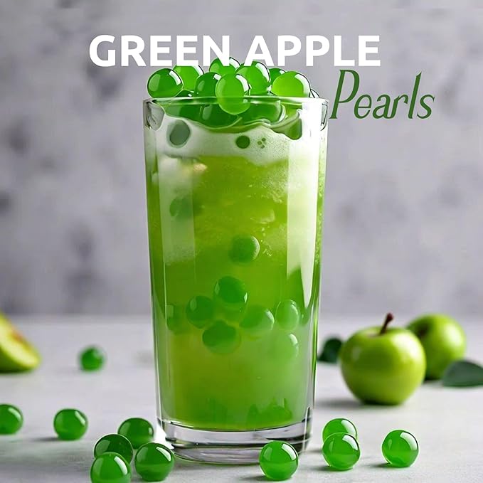 Fanale Green Apple Popping Boba Pearls Vegan Non GMO Gluten Free Fat Free Perfect for Bubble Tea Smoothies Ice Cream Desserts and Beverages.