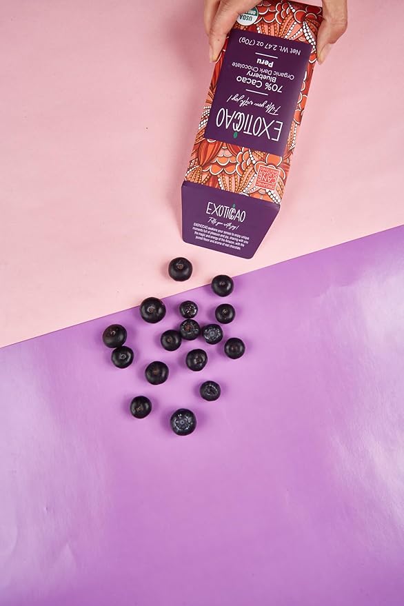 EXOTICCAO 4 Pack Blueberry Organic Dark Chocolate Bars|Cane Sugar Sweetened|Gluten-Free Vegan Non GMODairy free Soy Free|70% Cacao|2.47 oz