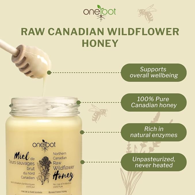Oneroot 100% Canadian Wildflower Honey - 1.1 lbs Unheated &amp Creamed - Nutrient-Rich Natural Sweetener with Enzymes - Thick &amp Pure Raw Unfiltered Honey