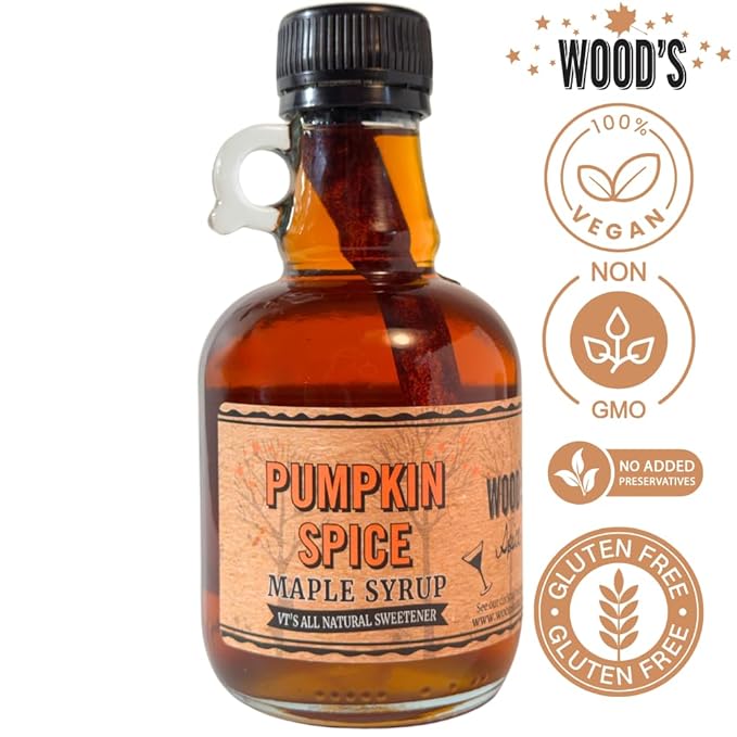 WOOD'S Pumpkin Spice Maple Syrup – Small-Batch Vermont Maple Syrup Infused with Cozy Fall Spices | Natural Vegan Sweetener for Coffee Pancakes Baking &amp More | 8.45 Fl Oz (250mL)