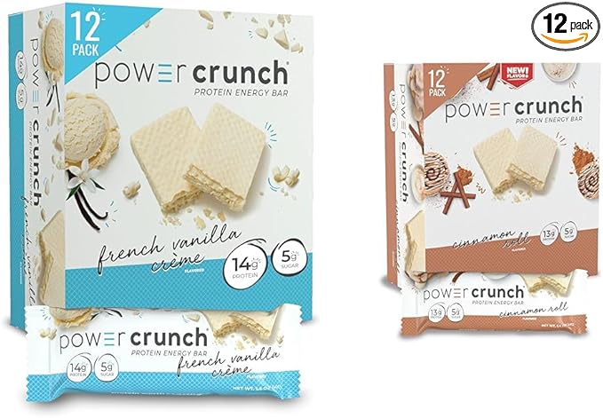 Power Crunch Protein Bars Bundle - French Vanilla &amp Cinnamon Roll Flavors High Protein Wafer Bars 1.4 Ounce (12 Count) Each