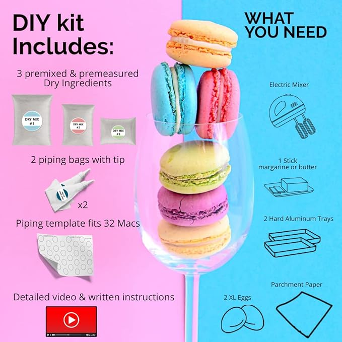 Macalicious Macaron Baking Mix - DIY Bake Your Own French Macarons Kit –Includes All Dry Ingredients Pastry Bags with Piping Tip Template and Detailed Instructions - Great activity for Kids &amp A