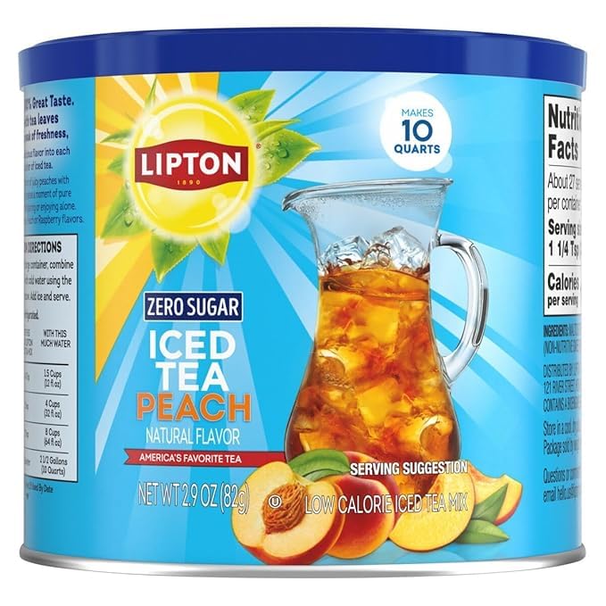 Lipton Zero Sugar Iced Tea Mix Peach Flavor Black Iced Tea Makes 10 Quarts (Pack of 6)