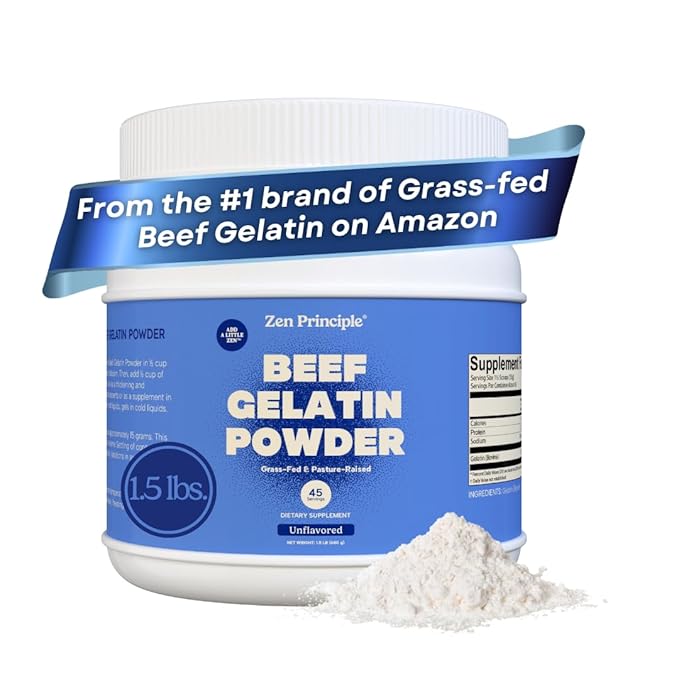 Zen Principle Grass-Fed Gelatin Powder 1.5 lb. Custom Anti-Aging Protein for Healthy Hair Skin Joints &amp Nails. Paleo and Keto Friendly. Cooking and Baking. GMO-Free and Gluten-Free. Unflavored.