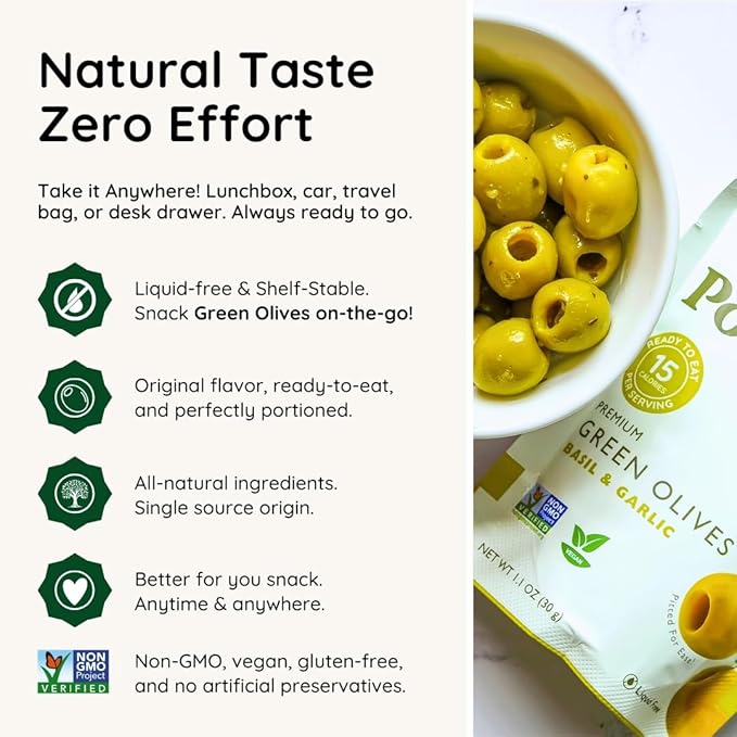 POSHI Green Pitted Olives - Basil &amp Garlic | Vegan Kosher Gluten Free + Keto Friendly Fresh Low Calorie Healthy Snacks | (30 Pack 1.1oz Bags)