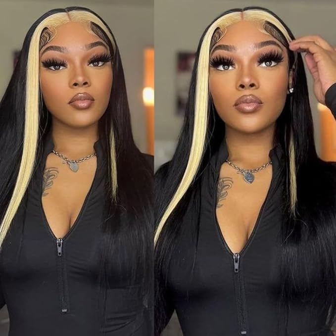 Highlight Blonde Wig 13x6 Lace Frontal Stripe Wig Natural Black with 27 Honey Blonde Color Highlight Straight Hair Lace Front Wigs 28 Inch