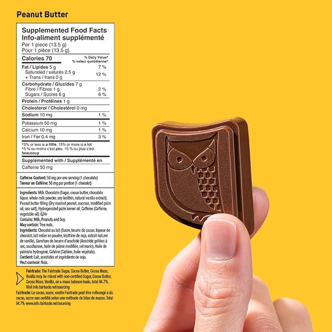 AWAKE - Caffeinated Chocolate Bites - Peanut Butter Milk Chocolate 50 Bites - 50mg Caffeine - Wrapped Energy Bites - Coffee Alternative - Fairtrade Gluten Free Non GMO - 0.48oz