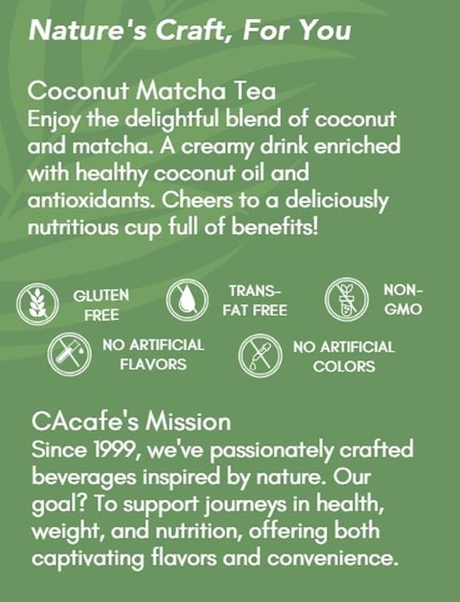 CAcafe Coconut Matcha - Instant Japanese Health Drink - Creamy &amp Sweet - Hot or Iced Green Tea Latte Mix - New Look Reduced Sugar - Non-GMO - No Artificial Flavors or Colors | 6-Pack