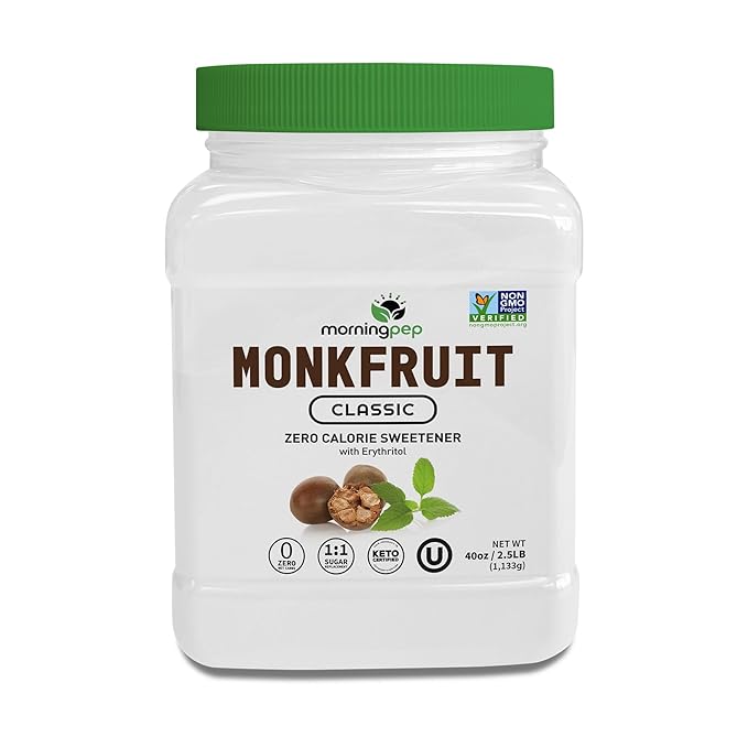 Morning Pep Monk Fruit Sweetener Classic | White Sugar Substitute Keto Diet Friendly 1:1 Sugar Replacement For Baking Coffee Tea Zero Calorie Non Gmo Project Verified OU Kosher White - 2.5 lb