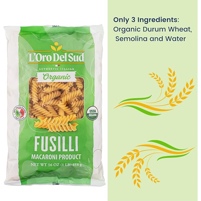 Organic Fusilli Pasta 100% Durum Wheat Italian Pasta Premium Quality Product of Italy (4 pack x 16 Oz) Non GMO Vegan Kosher Certified by L'Oro del Sud