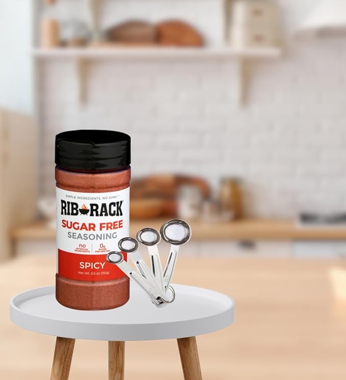 Rib Rack BBQ Sauce – 3x Rib Rack Ssnng Rub Spicy SF 5.5 OZ – Bundle with Measuring Spoon Set – Savory and Spicy Blend of Herbs and Aromatics for Cooking and Grilling – Gift Set (4 Items)