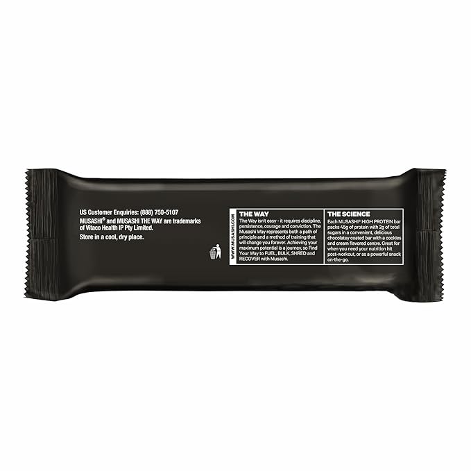 MUSASHI High Protein Bar 45g Protein 2g Total Sugars Cookies &amp Cream Post Workout and Protein Snack On The Go 12 Pack of 3.2oz (90g) Bars