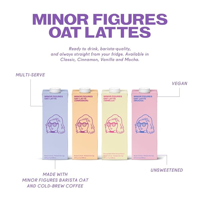 Minor Figures - Oat Latte - Ready to Drink - Multi-serve - Non-GMO - Plant-Based - Vegan - Dairy-Free - Shelf Stable - Coffee - Barista Standard - Unsweetened - 32oz - 4 Pack
