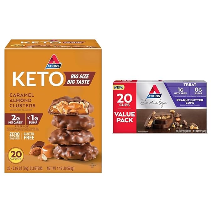 Atkins Caramel Almond Clusters Gluten Free High in Fiber 1g Sugar 2g Net Carb Keto Friendly 20 Count &amp Endulge Peanut Butter Cups Dessert Favorite Low Carb 0g Sugar 20 Count
