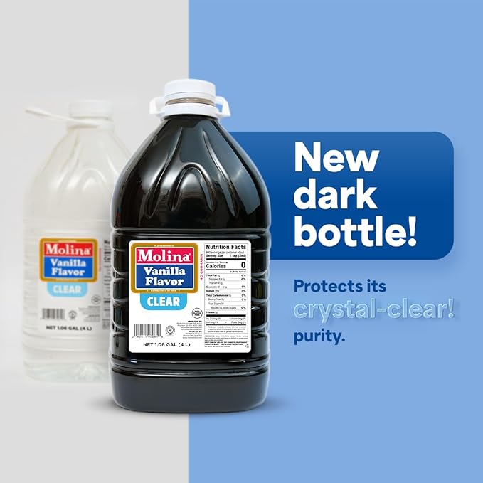 Molina Clear Vanilla Extract 1 Gallon (135.3 oz) Perfect for Baking Enhances Flavor Without Altering Dessert Color High-Quality Vanilla Flavoring for Cakes Cookies and Pastries - (Packaging may v