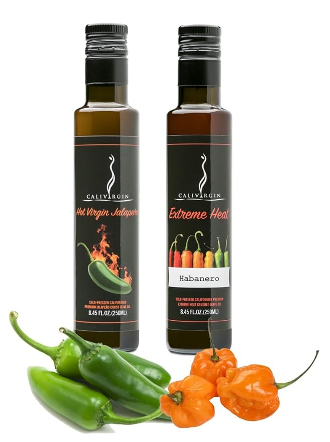 Calivirgin Hot Jalapeno &amp Extreme Heat Habanero Flavor-Crushed Olive Oils - 100% Natural Fresh Flavor No Additives or Preservatives - Organically &amp Sustainably Grown in California (8.45 Fl.Oz