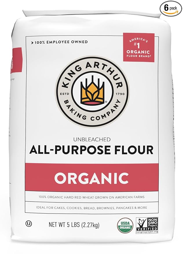 King Arthur 100% Organic All-Purpose Unbleached Flour Non-GMO Project Verified No Preservatives 5 Pounds (Pack of 6)