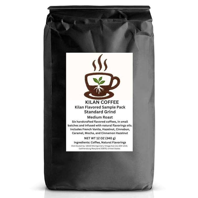 Flavored Coffee Sample Pack – 6 Medium Roast Coffees (French Vanilla Hazelnut Cinnabun Caramel Mocha Cinnamon Hazelnut) 6 x 2 oz (12 oz Total) – Kilan Coffee