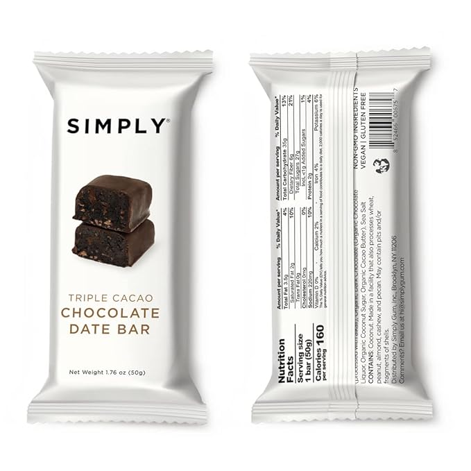 SIMPLY GUM Chocolate Date Bars | Triple Cacao | Fair Trade Chocolate | Vegan + Kosher + Non-GMO (Pack of 6 Bars)