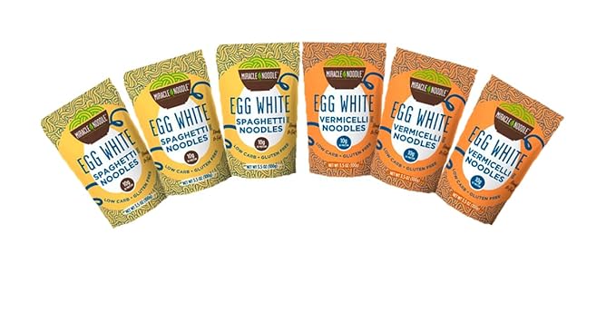 Miracle Noodle Egg White Pasta Variety Pack 3.5 Oz (Pack of 6) Spaghetti Vermicelli Angel Hair Ready to Eat Egg White Noodles 10g Protein 45 Calories 1g Net Carbs Per Serving High Protein Ket
