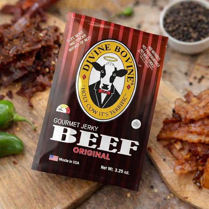 Divine Bovine Gourmet Jerky - Original Flavor 4 Pack (3.25 oz Bags) Premium Steer Brisket All-Natural No Artificial Preservatives Protein Snack