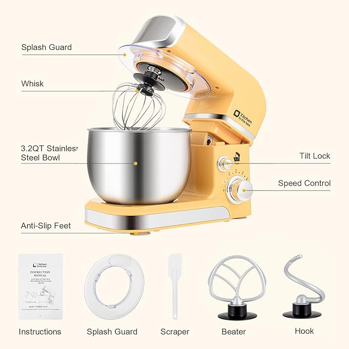 Kitchen in the box Stand Mixer3.2Qt Small Electric Food Mixer6 Speeds Portable Lightweight Kitchen Mixer for Daily Use with Egg WhiskDough HookFlat Beater (Yellow)