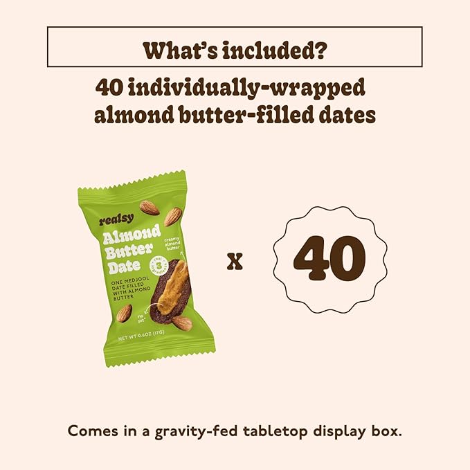 Realsy Stuffed Medjool Dates Organic Dates with No Sugar Added Gluten-Free Vegan All Natural Healthy Snack Single Wrapped (40 ct) (Almond Butter)