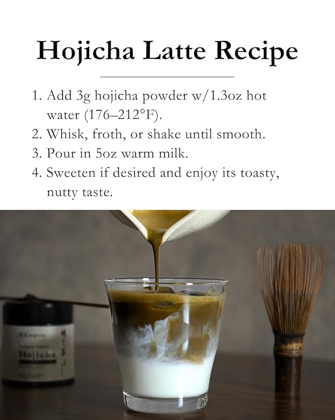 Emptea Premium Hojicha Powder Ceremonial Grade (Organic) for Latte - First Harvest Japanese Roasted Green Tea Powder from Shizuoka Japan Low Caffeine Unsweetened 1.06 oz (30g) Tin