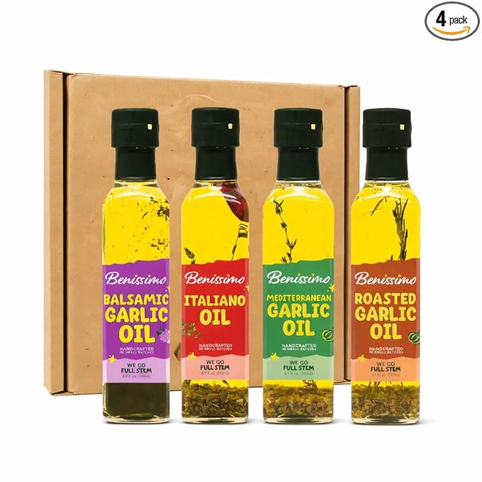 Benissimo Herb Infused Cooking Oil Chef Pack – 4 Artisan Flavored Oils: Italiano Roasted Garlic Mediterranean Garlic &amp Balsamic Garlic – Gourmet Cooking Oil Gift Set All Natural 8.1 fl oz Each