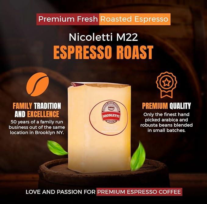 Nicoletti Coffee Espresso (100% Arabica M22 Roast) 2lb Organic Whole Beans