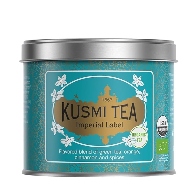 Kusmi Tea - Label Imperial - Organic Green Tea - Blend of Chun Mee Green Tea Cinnamon Cardamom Orange Peel and Licorice - Citrus &amp Spices - Loose Leaf Tea - Tin Box of 3.5 oz - for about 50 cup