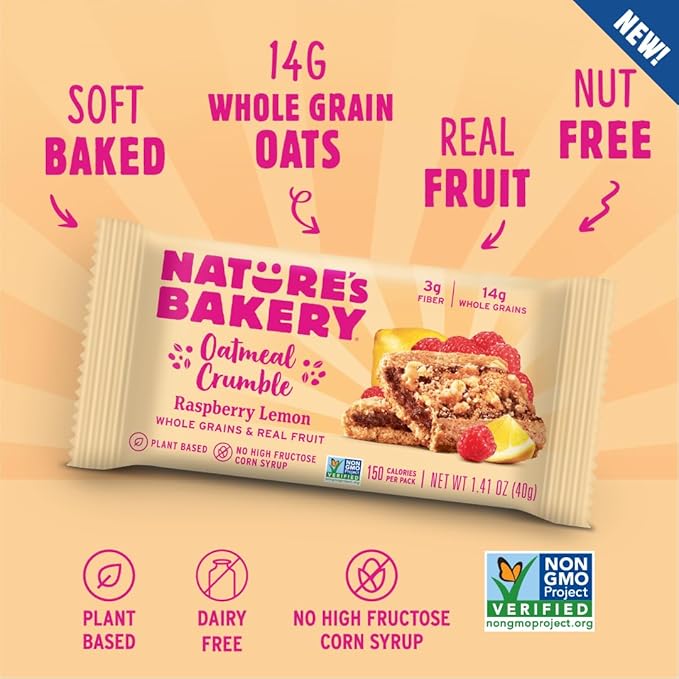 Nature's Bakery Oatmeal Crumble Bars Raspberry Lemon Real Fruit Vegan Non-GMO Breakfast Bar 6 boxes with 6 twin packs (36 twin packs)