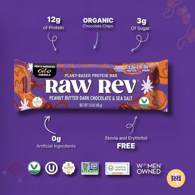Raw Rev Vegan Protein Bars- Peanut Butter Dark Chocolate &amp Sea Salt 12 bars Non-GMO Plastic-Neutral Nothing Artificial Glo Formula Gluten-Free Keto-Friendly Paleo Kosher No Sugar Alcohol
