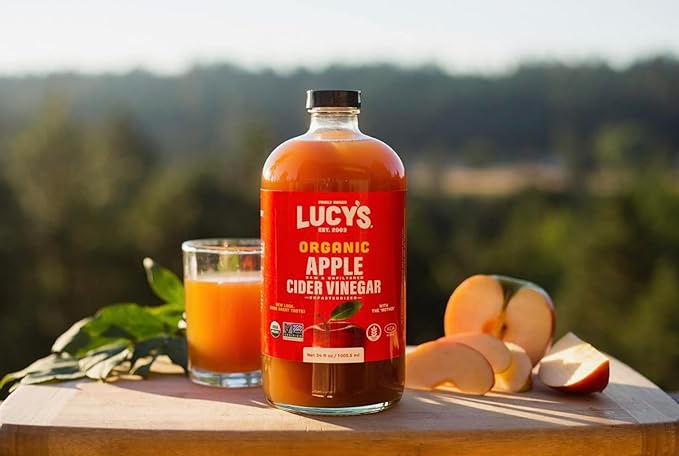Lucy's Family Owned - USDA Organic NonGMO Raw Apple Cider Vinegar Unfiltered Unpasteurized With the Mother 34oz GLASS Bottle