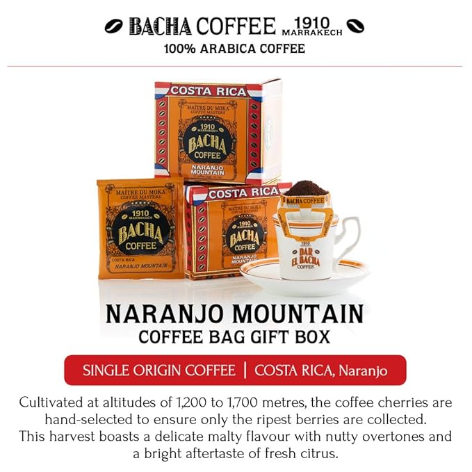 Bacha Coffee | Naranjo Mountain Costa Rica Single Origin Medium Dark Roast 100% Arabica Specialty Coffee 12 Coffee Drip Bags Gift Box
