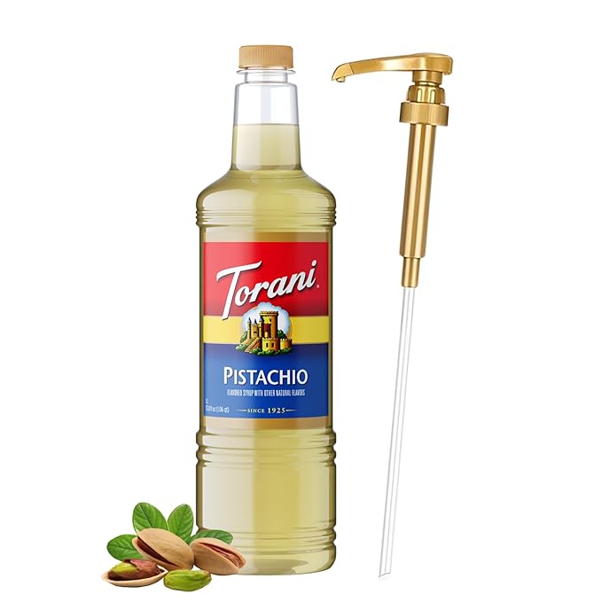 Torani Pistachio Coffee Syrup 1 Liter Bottle with Pump Dispenser – Flavored Syrup with Pure Cane Sugar &amp Natural Pistachio Essence – Perfect for Lattes Desserts &amp Cocktails