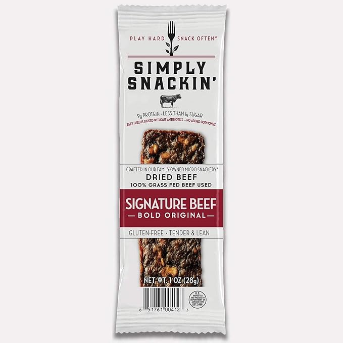Simply Snackin' - Dried Grass Fed Beef Snacks High Protein Low Calorie Low Sugar Low Carb Low Fat Gluten Free 20 Serving Pack (Signature Beef Bold Original)