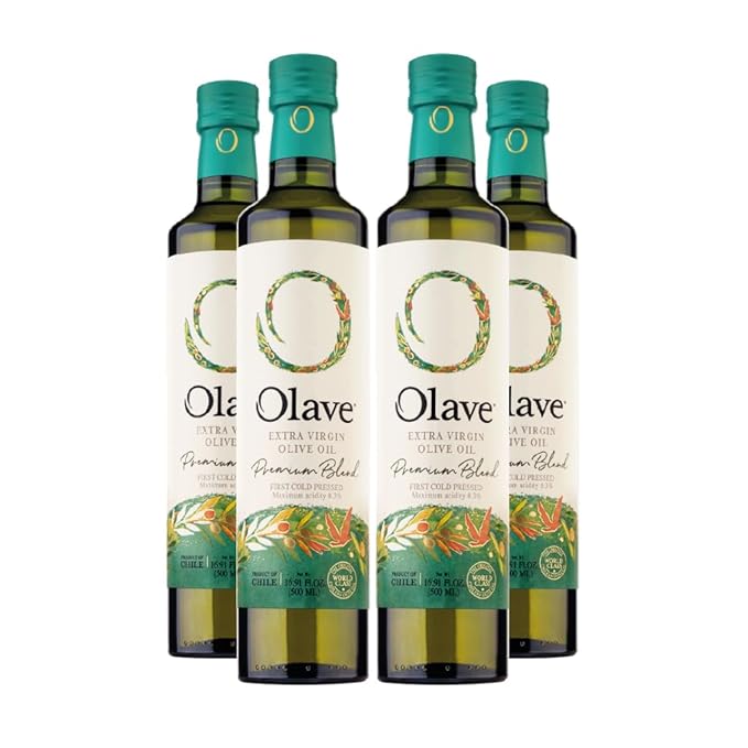 Olave Chilean Olive Oil – Extra Virgin Blend – First Cold Press – Flavorful for Salads Veggies Bread and Soup – Premium Olive Oil (Pack of 4 Premium 16.9)