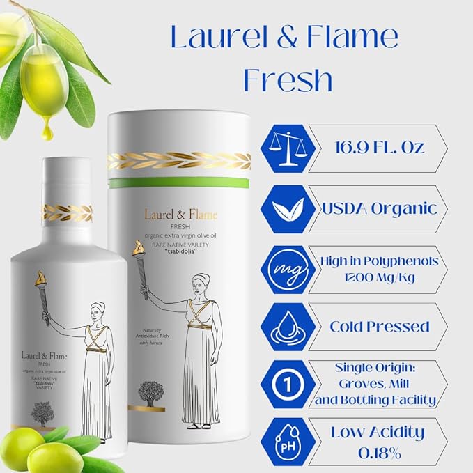 Laurel &amp Flame Fresh - Extra Virgin Olive Oil - Best Greek Olive Oil Award - Cold Pressed - Polyphenol Rich (1212 MG/KG) - USDA-Organic - 90X Hydroxytyrosol Polyphenols - Early Harvest - Single