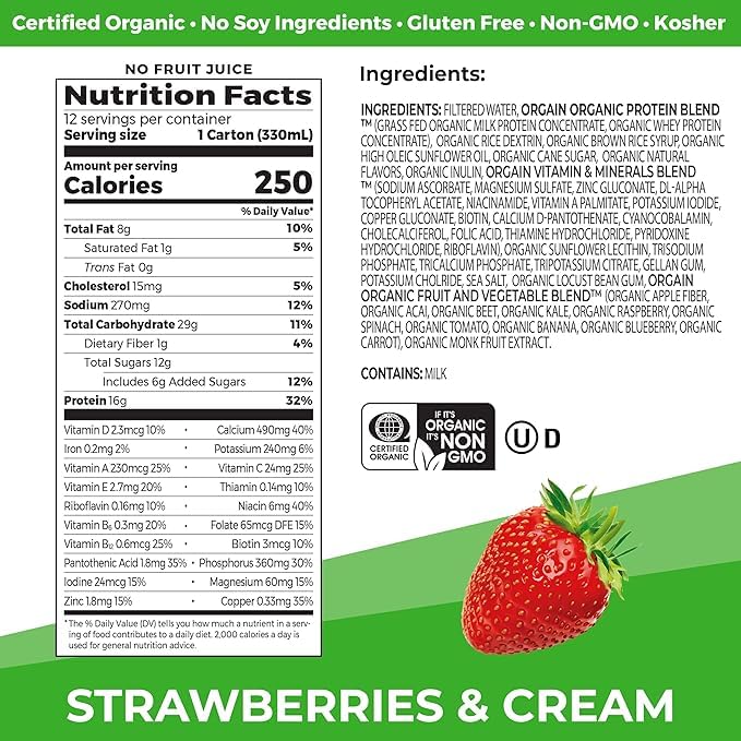 Orgain Organic Nutritional Shake Vanilla Bean + Strawberries &amp Cream 11 Fl Oz (Pack of 12)