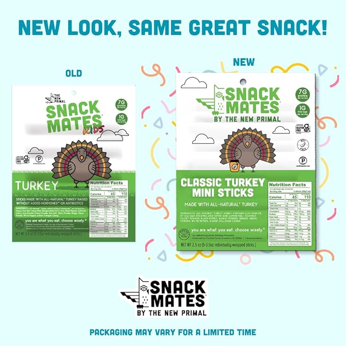 New Primal Snack Mates Turkey Sticks Gluten Free Healthy Snacks for Kids Low Sugar High Protein Back to School Snacks Mini Paleo Jerky Meat Stick 7g Protein 45 Calories 40 Pack