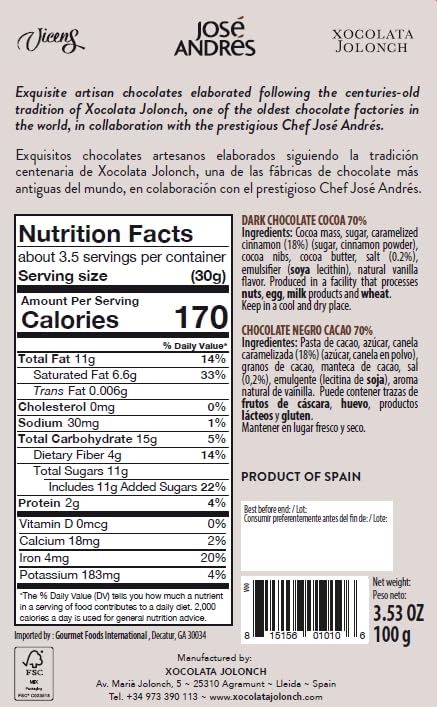 José Andrés Dark Chocolate 70% Cocoa 3.53 oz