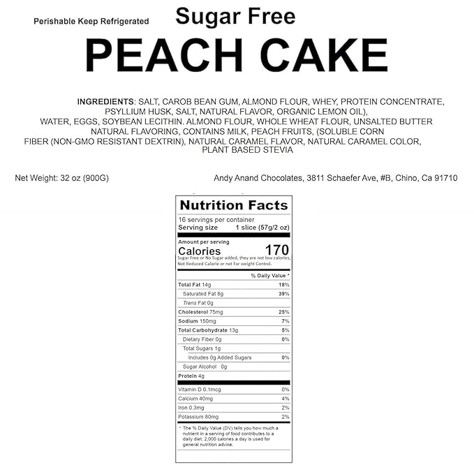 ANDY ANAND CHOCOLATIER Sugar-Free Peach Cake 2 lbs | Juicy &amp Moist Dessert Made with Real Peach Fruit Fluffy Texture &amp Homemade-Style Baking | Diabetic-Friendly Gourmet Cake