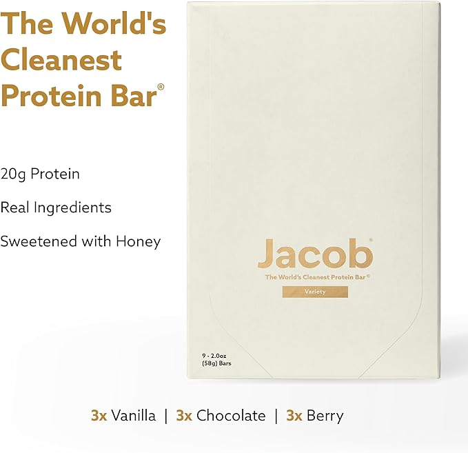 Jacob Bar Protein Bars Variety Pack (9 Bars Total) Contains 3 of Each Chocolate Vanilla Berry - 20g Grass-Fed Protein No Seed Oils Nothing Artificial
