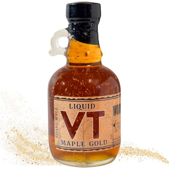 Wood’s Liquid Maple Gold – Vermont Maple Syrup with Real 24K Gold Flakes – Vegan Plant-Based Sweetener – Small Batch Artisanal Luxury Syrup for Gifting Cocktails and Gourmet Cuisine – 8.45 oz Gla