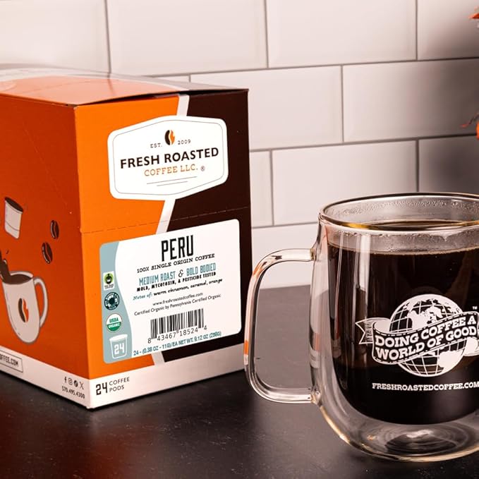 Fresh Roasted Coffee USDA Organic Peru | 3rd Party Tested for Pesticides Mold Mycotoxins Kosher | 100% Arabica Specialty Grade Med Roast 72 Pods for K Cup Brewers